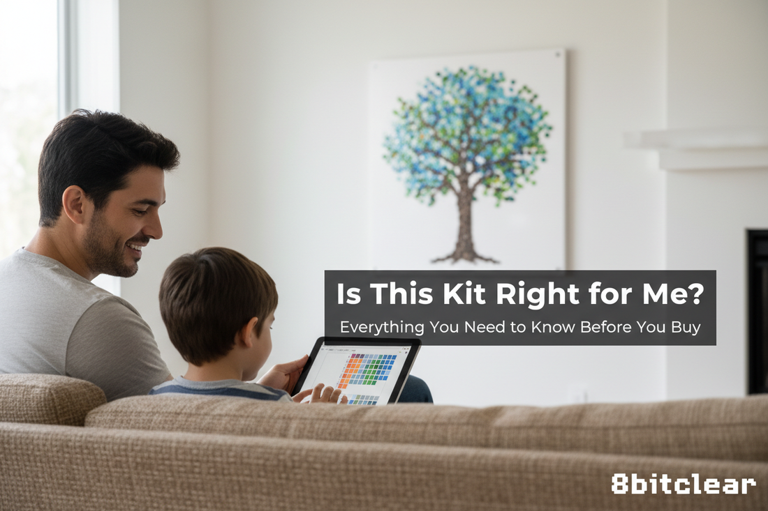 Adult and child building 8bitclear glass dot mosaic together — pre-purchase FAQ cover