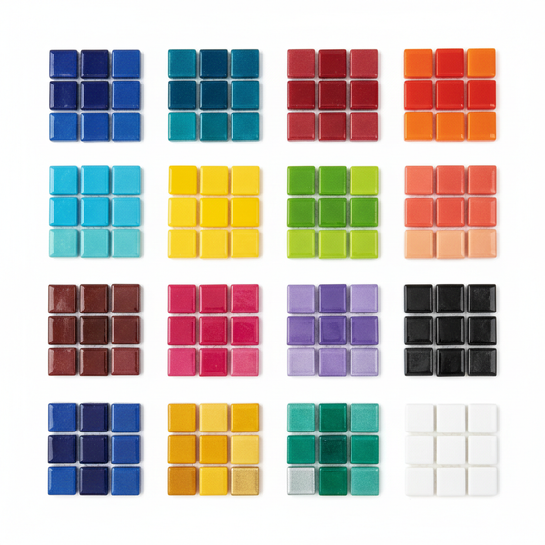 24-colour glass mosaic tiles flat lay