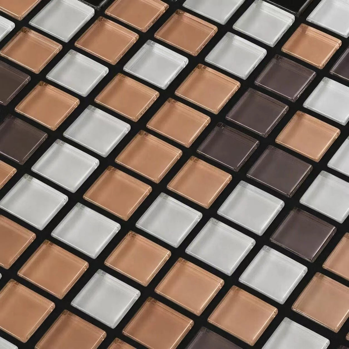 Glass Dot Tiles — Square glass mosaic tile close-up, warm brown, white and dark coffee tones