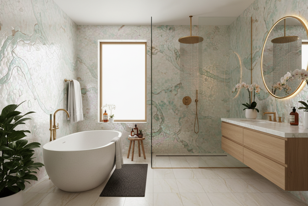 Luxury spa bathroom with floor-to-ceiling glass mosaic tiles
