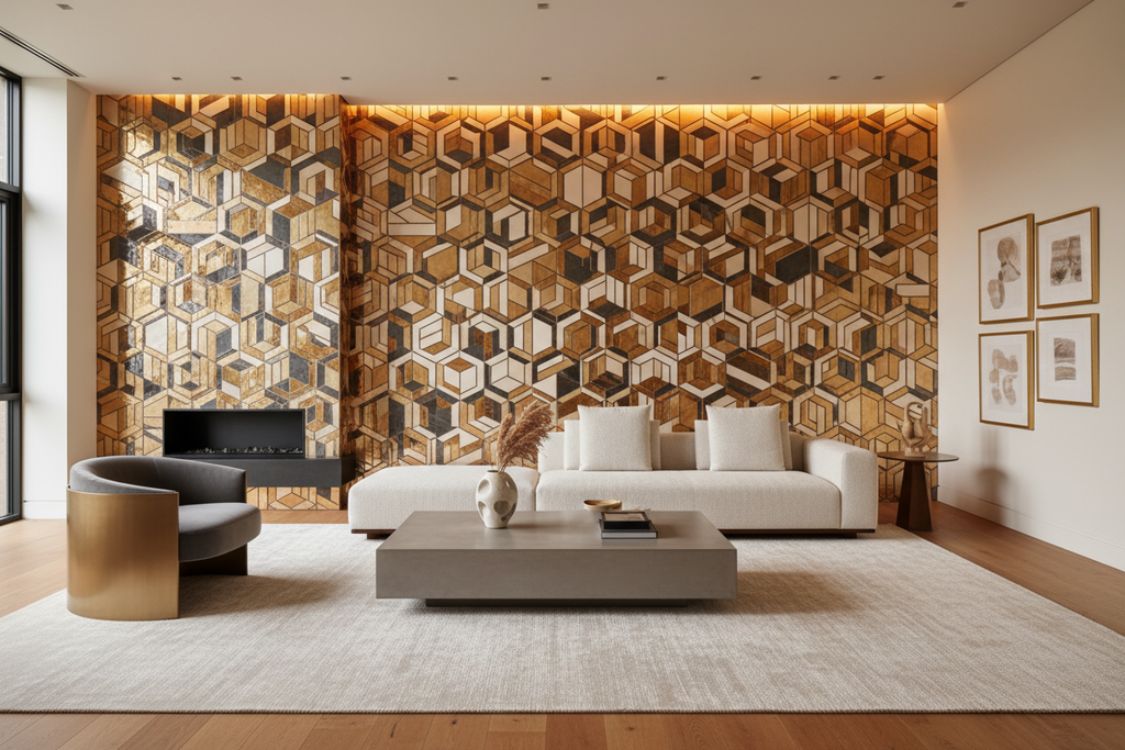 Modern living room with full mosaic feature wall